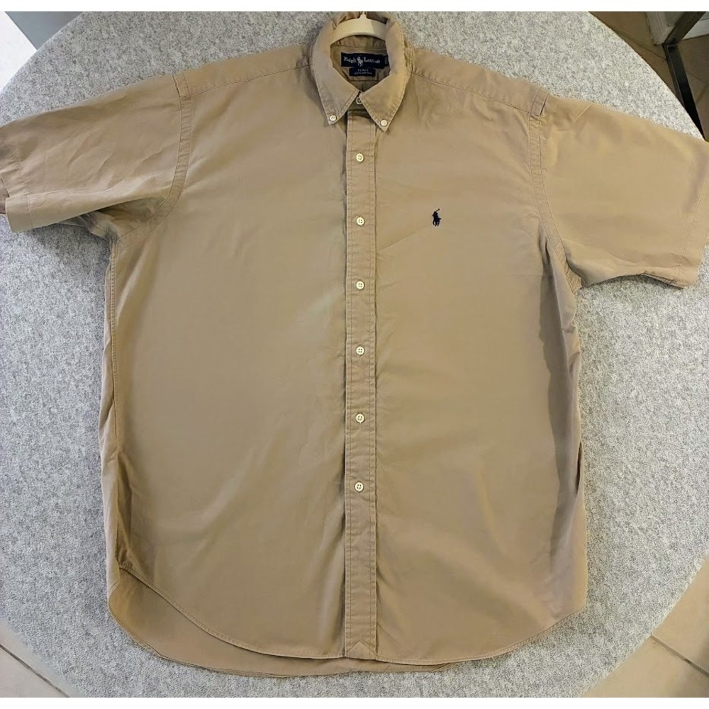 Polo Ralph Lauren Blake Shirt Mens L Khaki Tan Cotton Short Sleeve Button Down